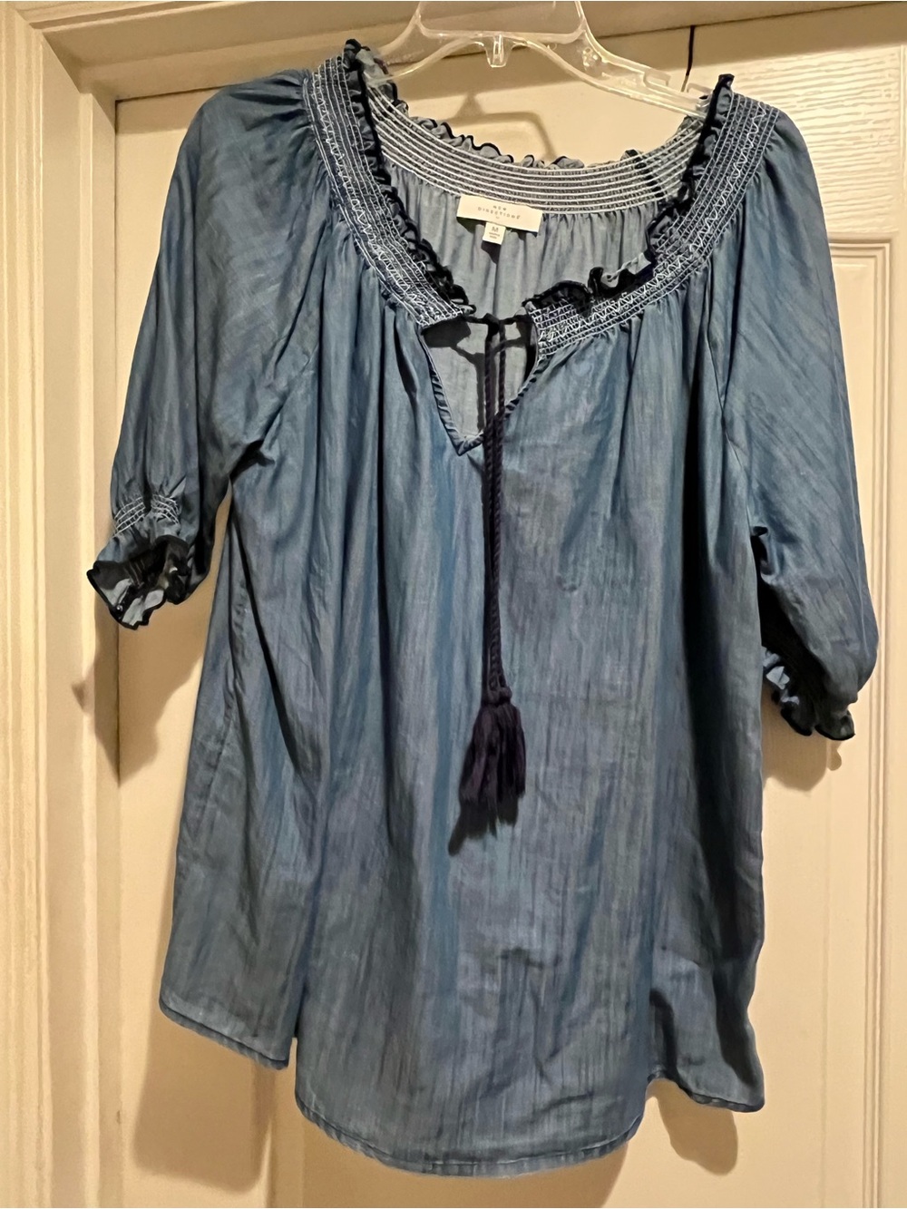 new directions Blue Smocked Peasant Blouse with Tassel Tie